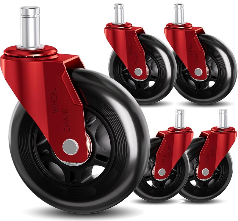 TESUMI Red Office Chair Wheels 3" Inch Roller Blade Rubber Wheels Caster Replacement, 11mm Universal Fit Stem Heavy Duty Quiet Gaming Desk Chair Caster Wheels for Hardwood Floor Carpet - Set of 5 - Image 1